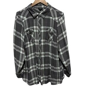 Torrid Blouse Womens 3X Gray Plaid Button Front Long Sleeve Lightweight Tunic